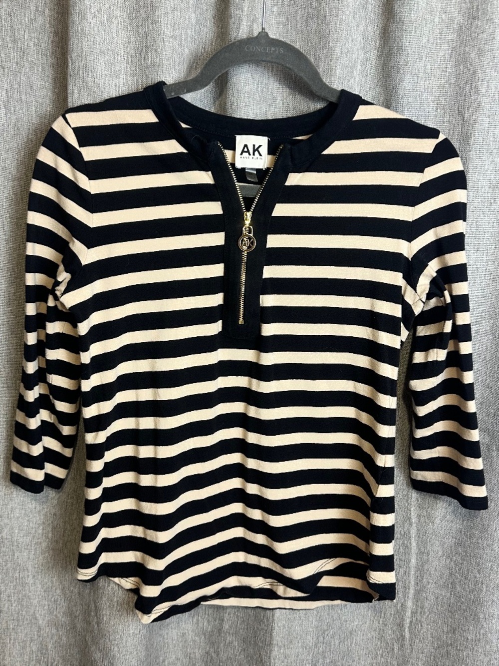 Anne Klein Striped 3/4 Sleeve Quarter Zip Henley Top XS Black Beige
